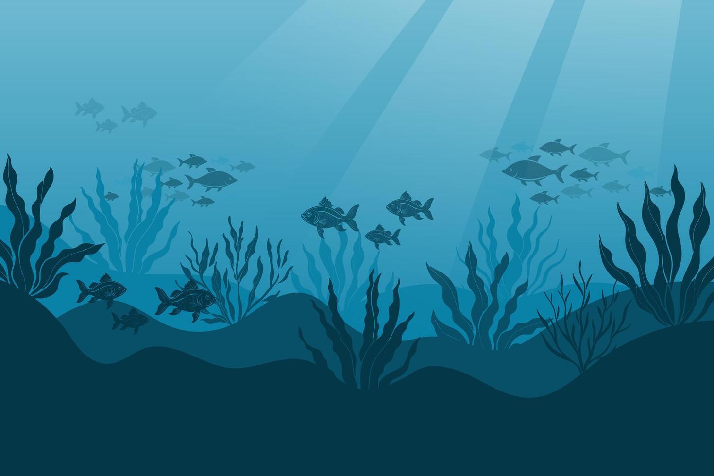 Underwater ocean landscape, algae and reefs, silhouette of a school of fish. Seabed background with ocean flora and fauna, corals, silhouettes of sea animals. vector