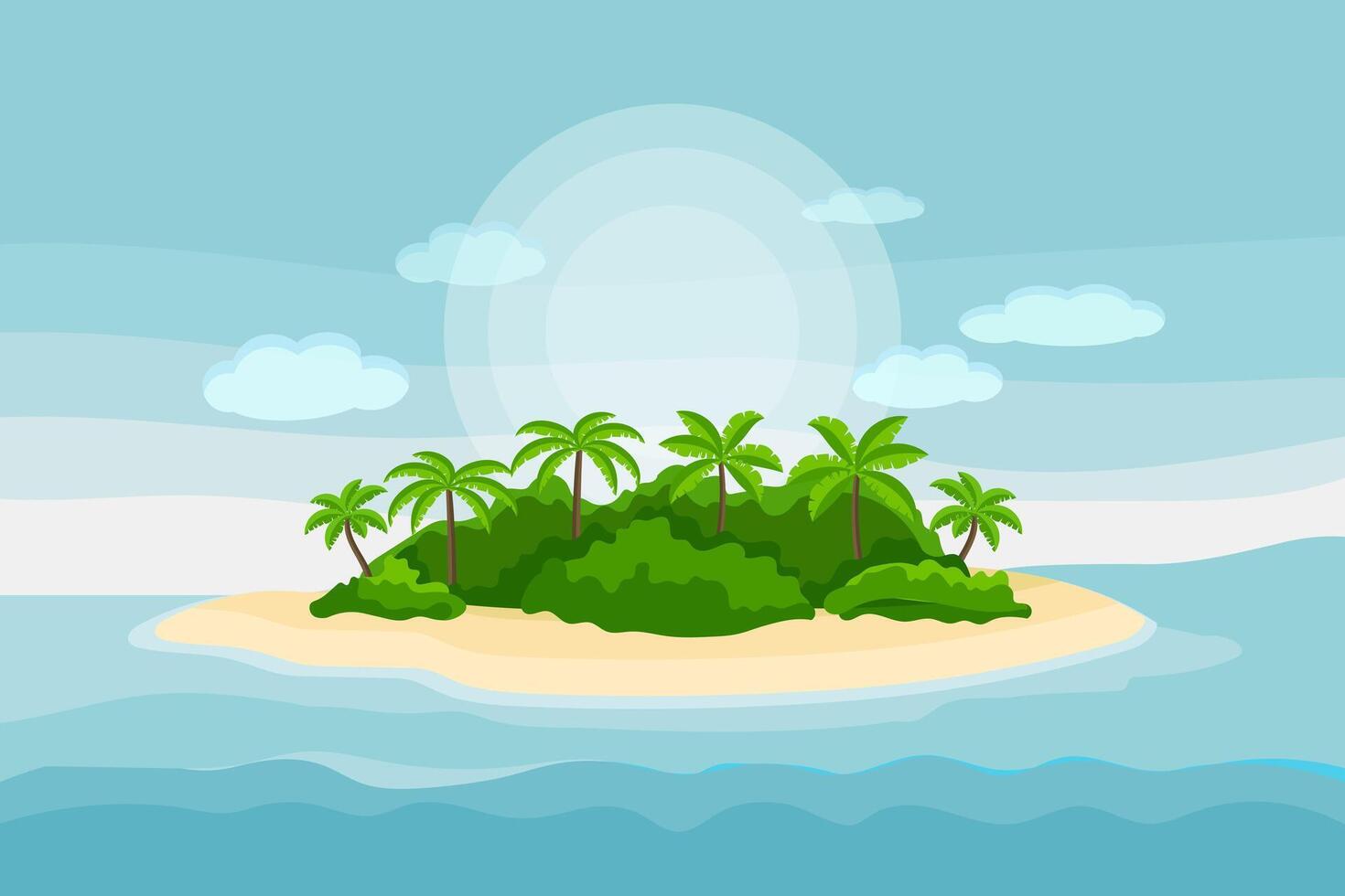 Seascape, idyllic paradise island with palm trees and mountains on the sea. Illustration, background vector