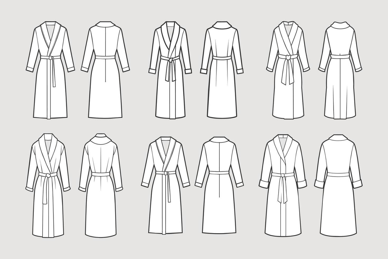 Set of bathrobes for women. Front and back views. Hand drawn illustration, sketch. vector