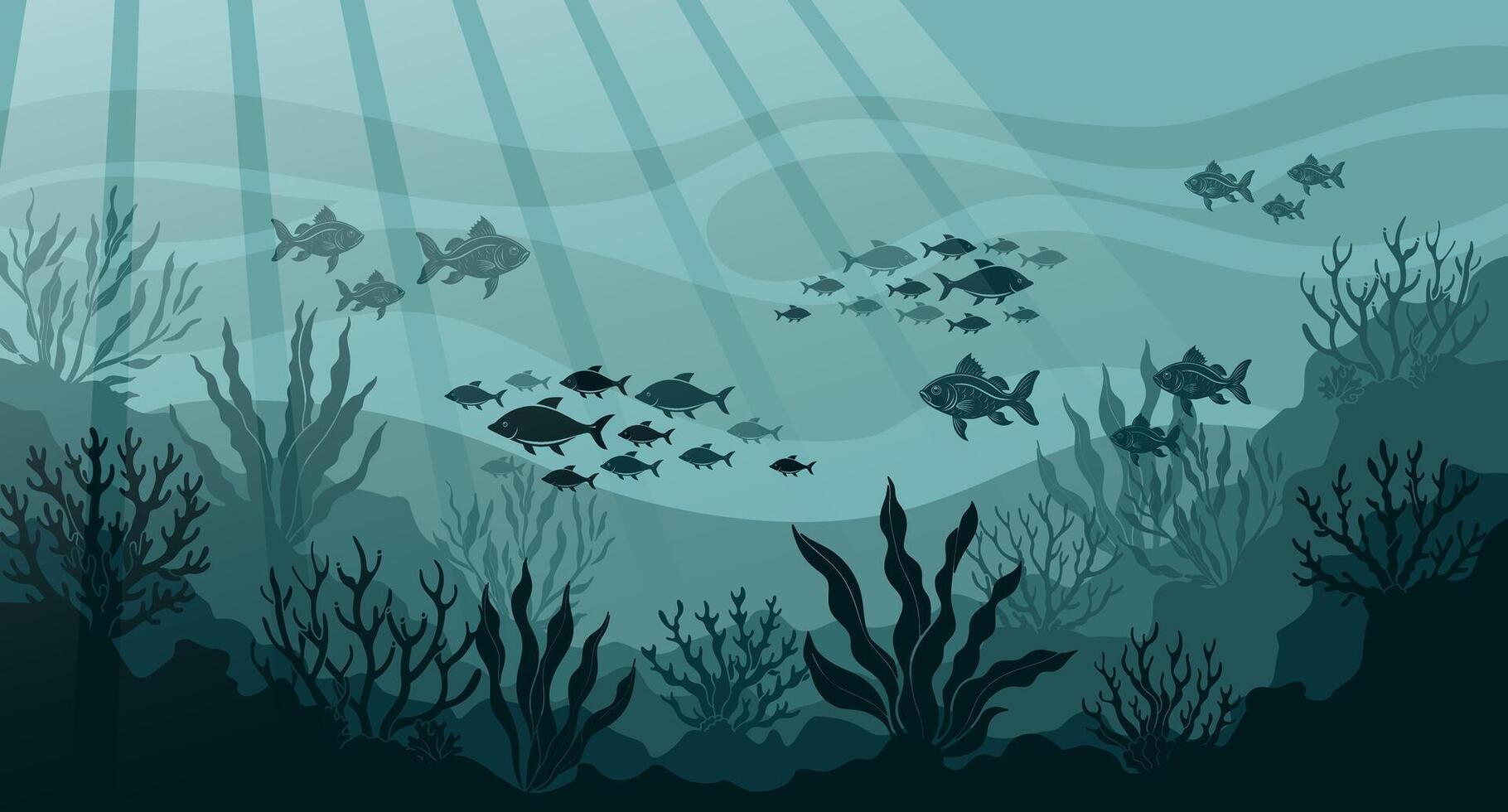 Underwater ocean landscape, algae and reefs, silhouette of a school of fish. Seabed background with ocean flora and fauna, corals, silhouettes of sea animals. vector
