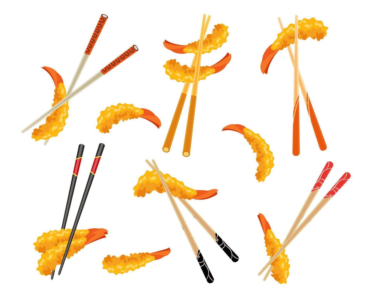 Set of fried shrimp or Tempura shrimp on chopsticks isolated on white background. Collection of clip arts. vector