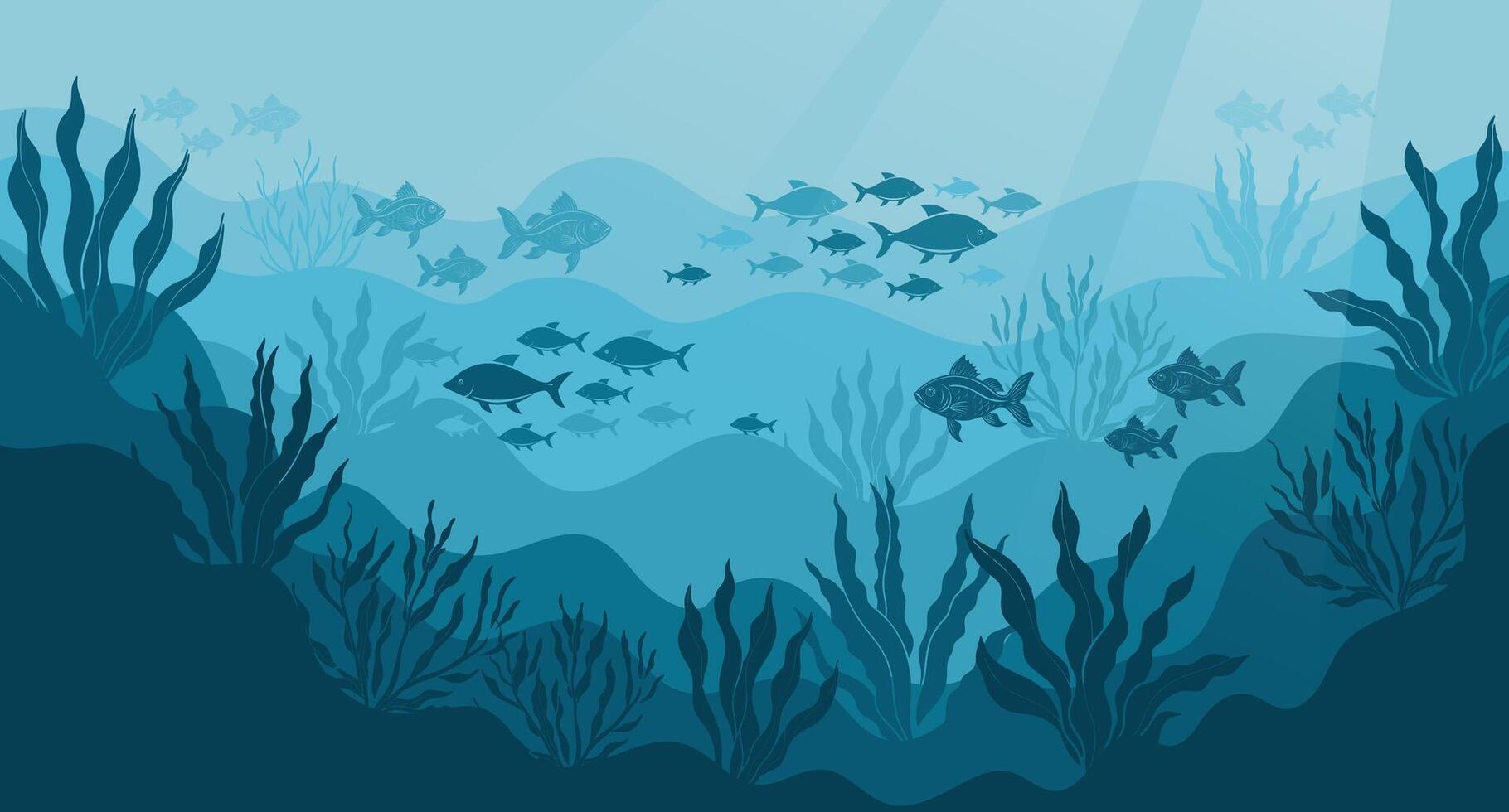 Underwater ocean landscape, algae and reefs, silhouette of a school of fish. Seabed background with ocean flora and fauna, corals, silhouettes of sea animals. vector