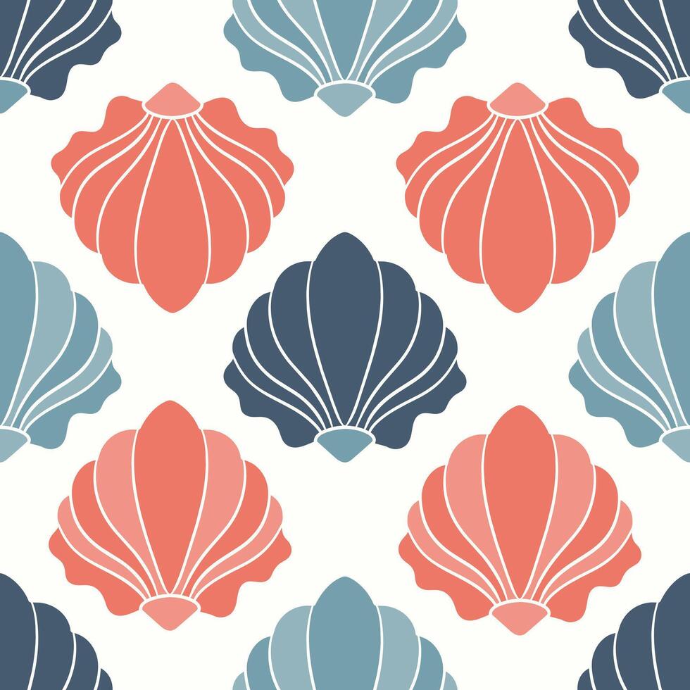 Seamless pattern of seashells. Seashells in pastel colors on a white background. vector