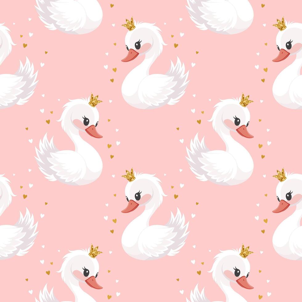 Seamless pattern, little swan princess with a golden crown on a pink background. Cute background for decorating a nursery bedroom. vector