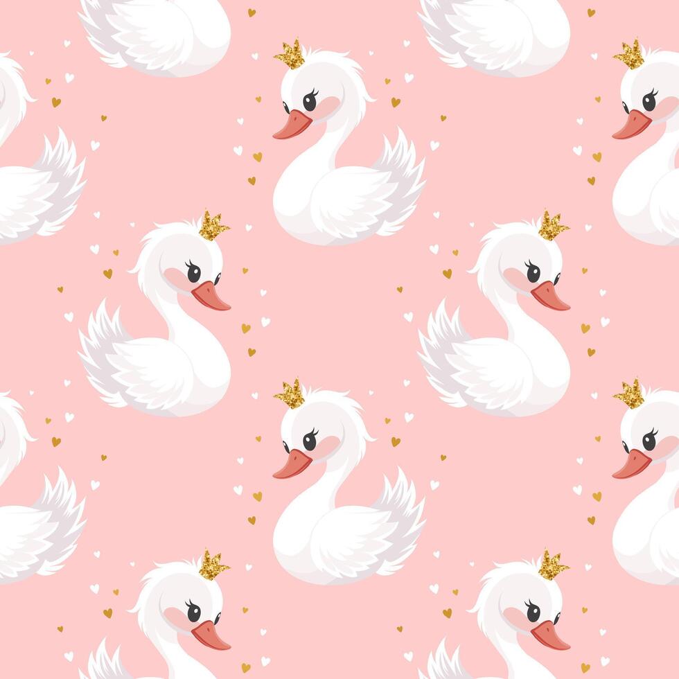 Seamless pattern, little swan princess with a golden crown on a pink background. Cute background for decorating a nursery bedroom. vector