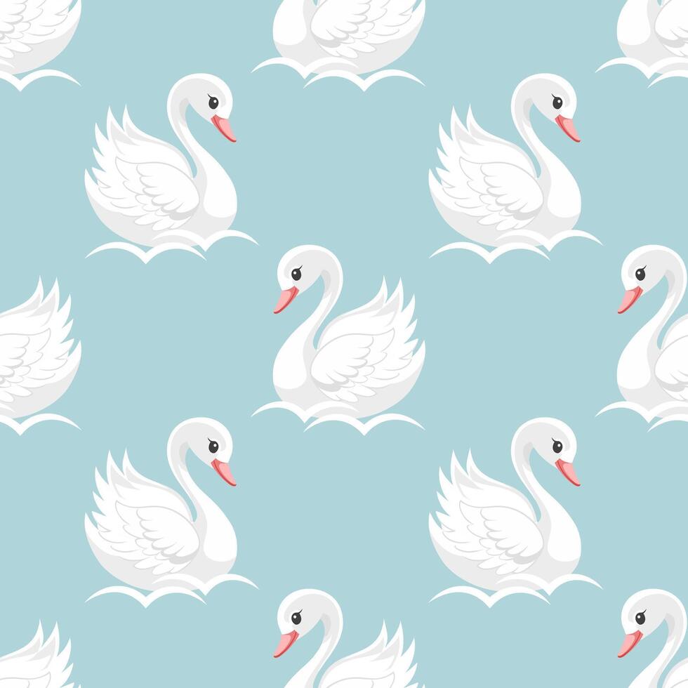 Seamless pattern, little swan princess on a blue background. Cute background for decorating a nursery bedroom. vector