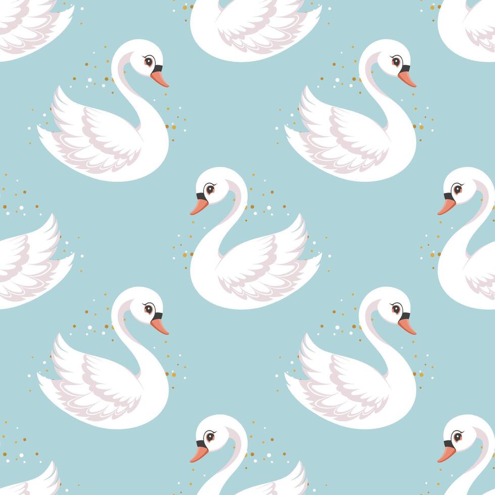 Seamless pattern, little swan princess on a blue background. Cute background for decorating a nursery bedroom. vector