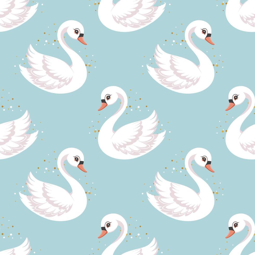 Seamless pattern, little swan princess on a blue background. Cute background for decorating a nursery bedroom. vector