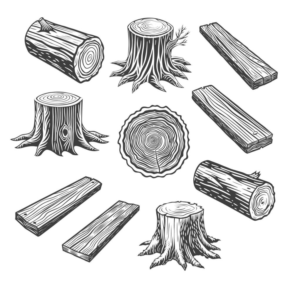 conjunto de madera registros para silvicultura y Tablas de madera industria. ilustración de bañador, tocón y tablones bosquejo vector