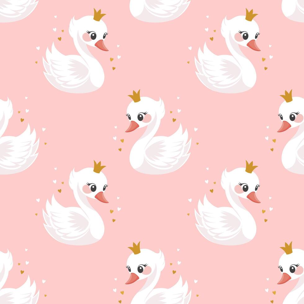 Seamless pattern, little swan princess with a golden crown on a pink background. Cute background for decorating a nursery bedroom. vector