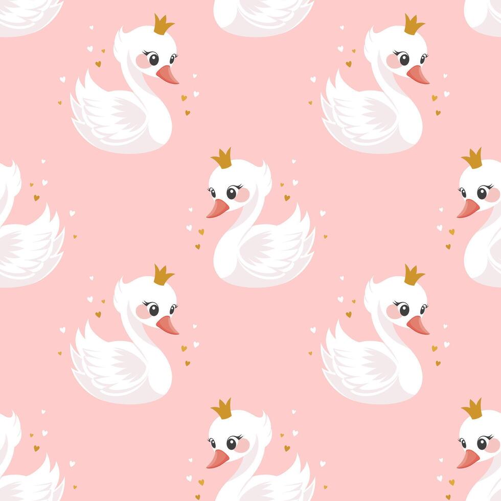 Seamless pattern, little swan princess with a golden crown on a pink background. Cute background for decorating a nursery bedroom. vector