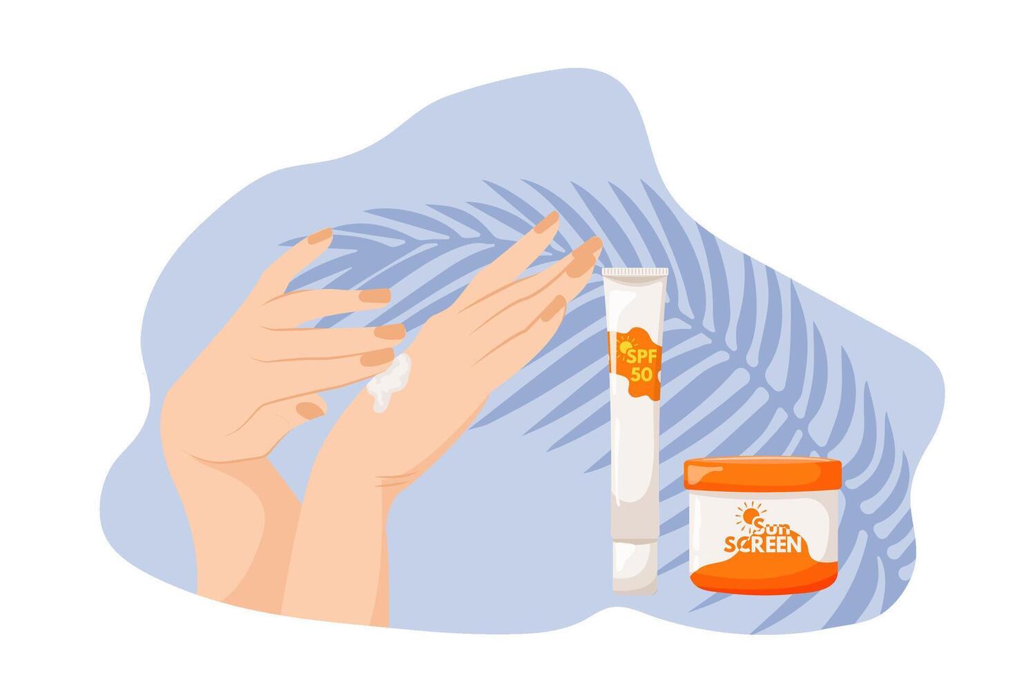 Female hands apply body cream on blue background with palm leaves. Sunscreen moisturizer, tanning cream, skin protection and UV blocking. vector