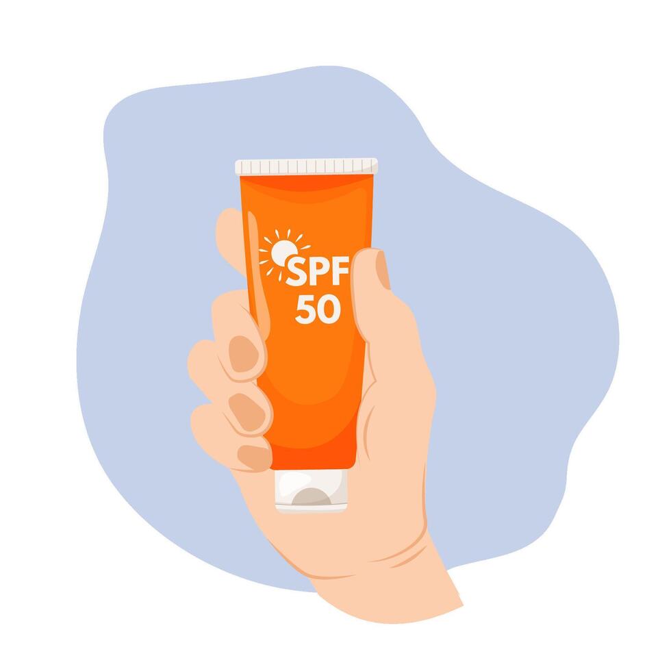 A woman's hand holding a tube of sunscreen. Moisturizing moisturizer, sunscreen, sunscreen, skin protection and blocking ultraviolet rays. Moisturizing and protecting your skin from the sun's vector