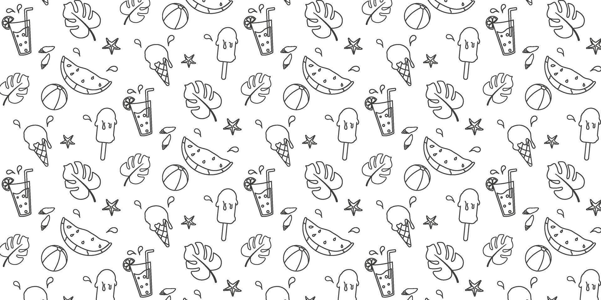 Summer. Hand drawn set of simple icons on white background with summer elements. Collection of cartoon icons with one line. vector