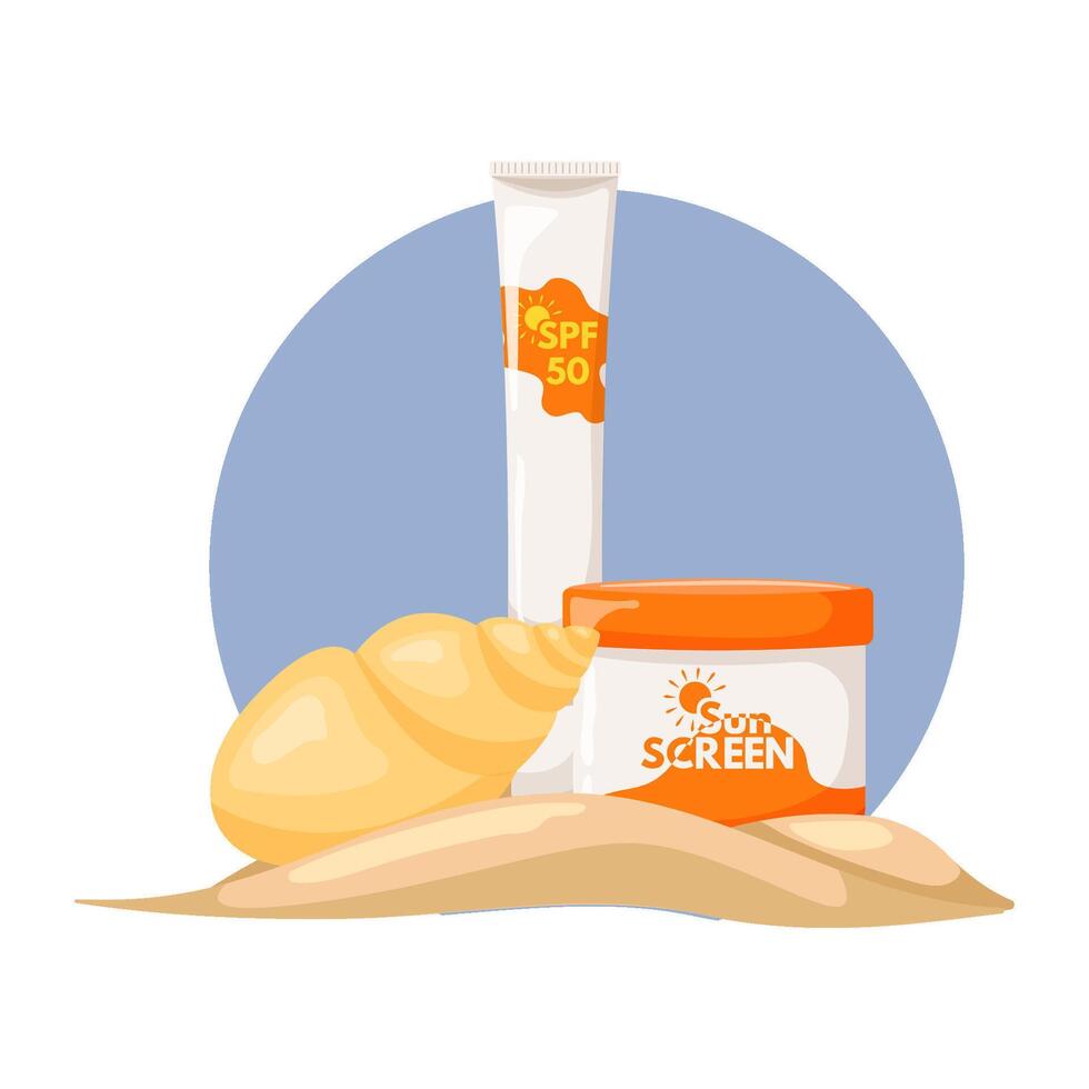 Sunscreen for the body on a blue background with a seashell. Moisturizing and protecting your skin from the sun's ultraviolet radiation. Sunscreen moisturizer, sunscreen. vector