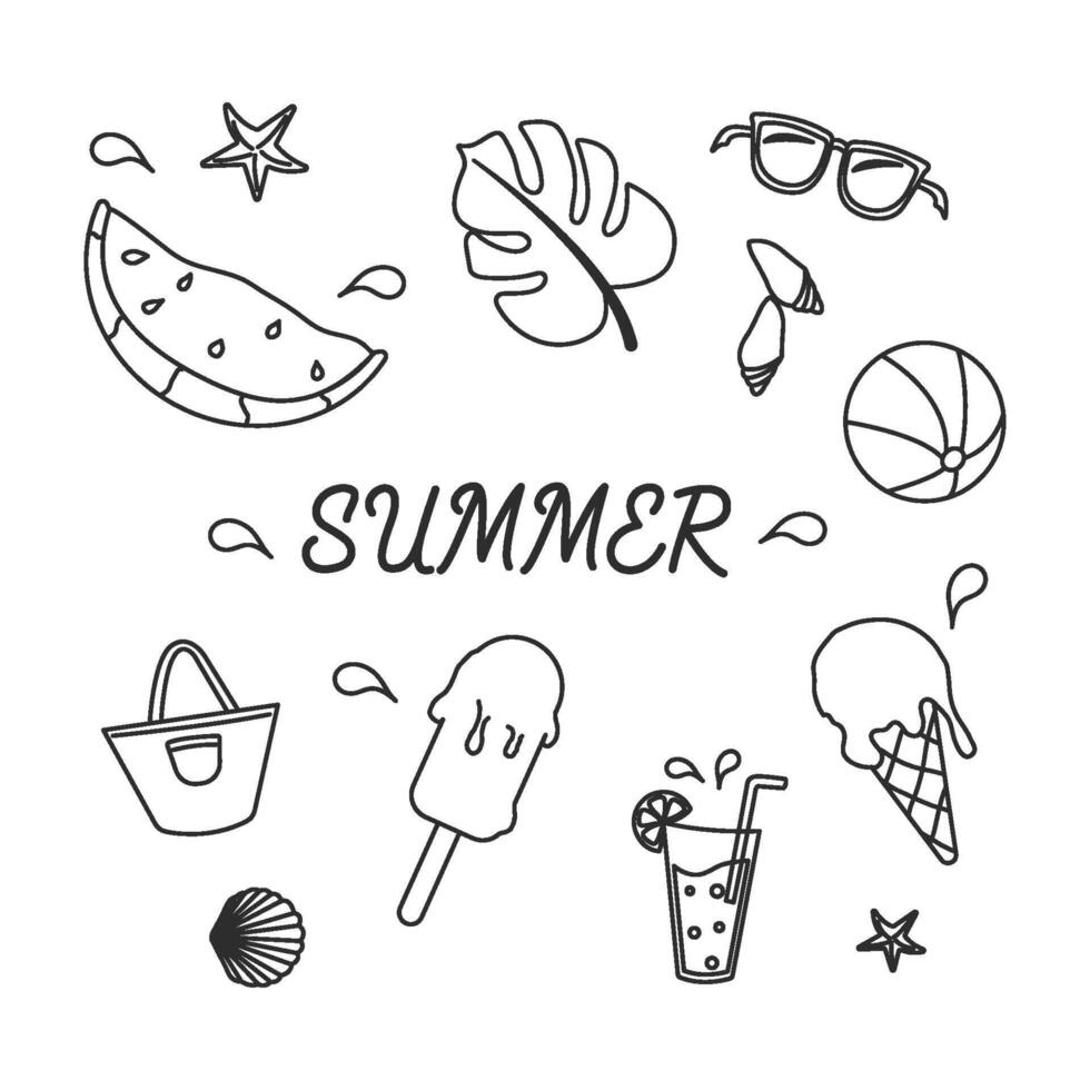 Hand drawn set of simple icons with summer elements. Collection of cartoon icons with one line. vector