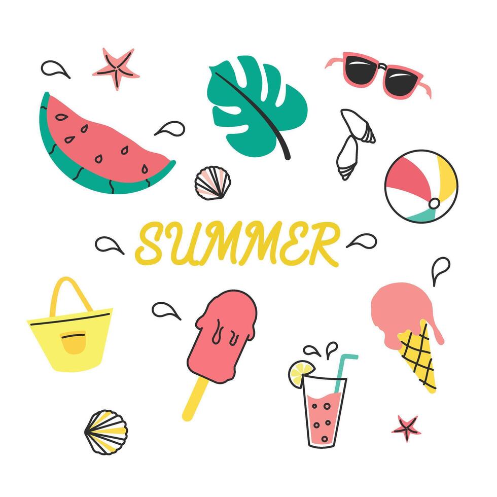 Hand drawn set of simple colored icons with summer elements. A collection of cartoon icons with one line. vector
