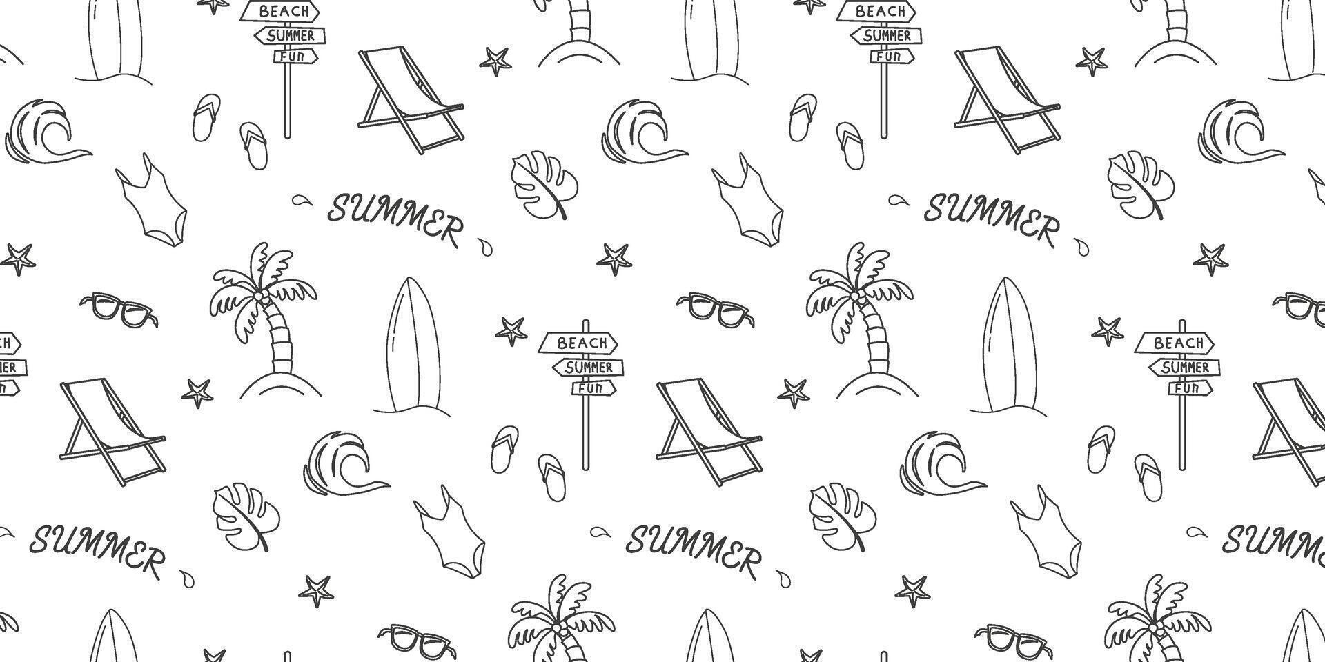 Summer. Hand drawn set of simple icons on white background with summer elements. Collection of cartoon icons with one line in dark color. vector