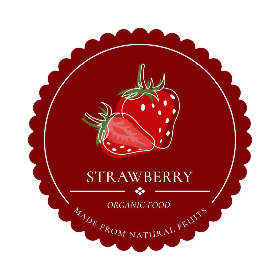 etiquette with strawberries on a round dark background. vector