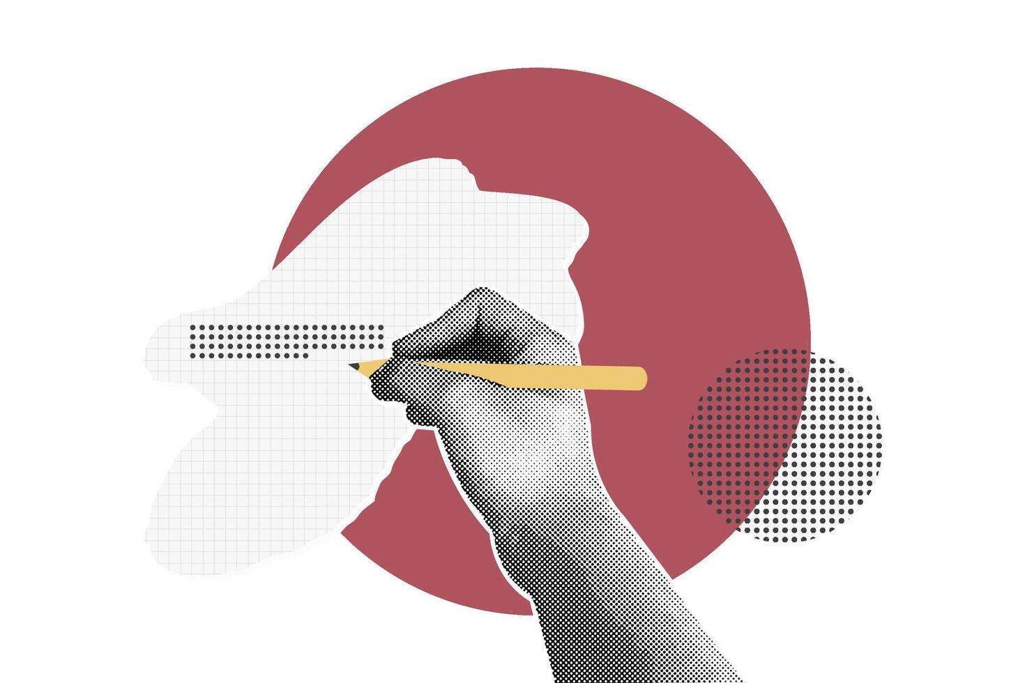 Trendy halftone collage of hands with pen. Writing on a wall, notepad, diary. illustration of planning, business,finance, banking, business presentation, marketing material. vector