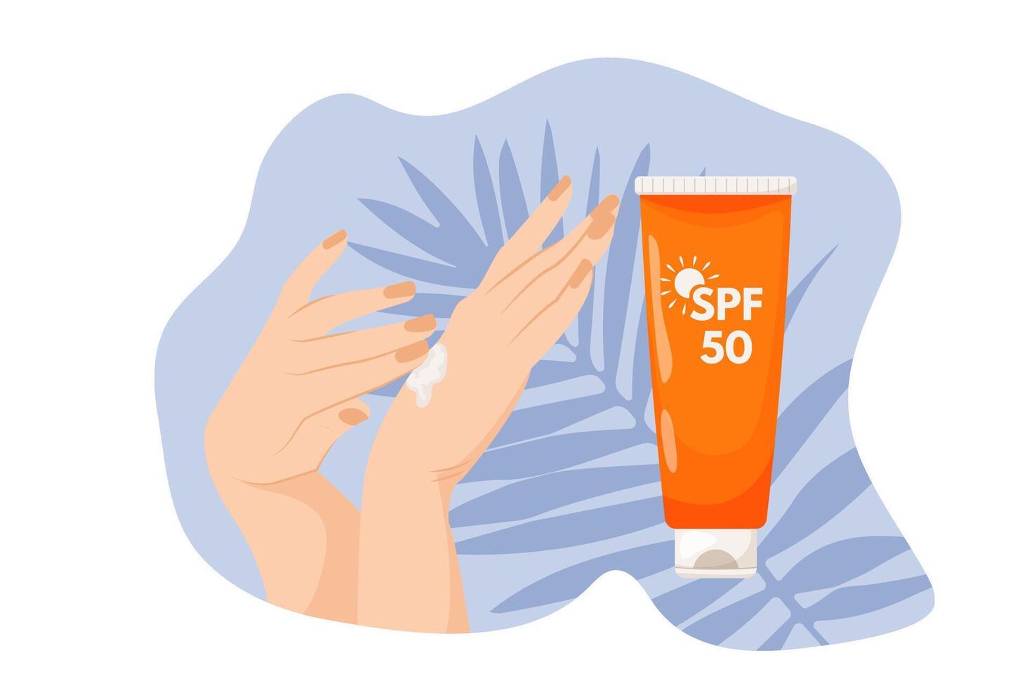 Women's hands apply cream on blue background with palm leaves. Sunscreen moisturizer, sunscreen, sunscreen, skin protection and UV blocking. vector