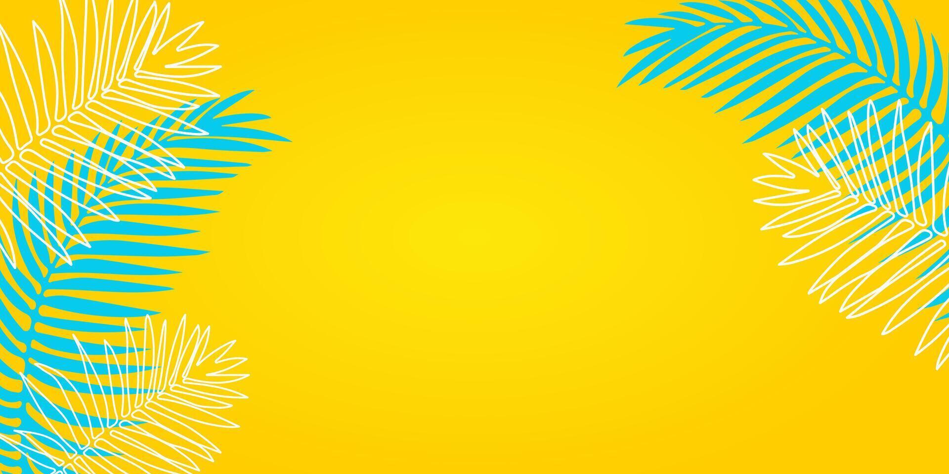 Banner for summer party, sale in trendy bright yellow and green colors with tropical leaves. Tropical background with palm leaves. vector