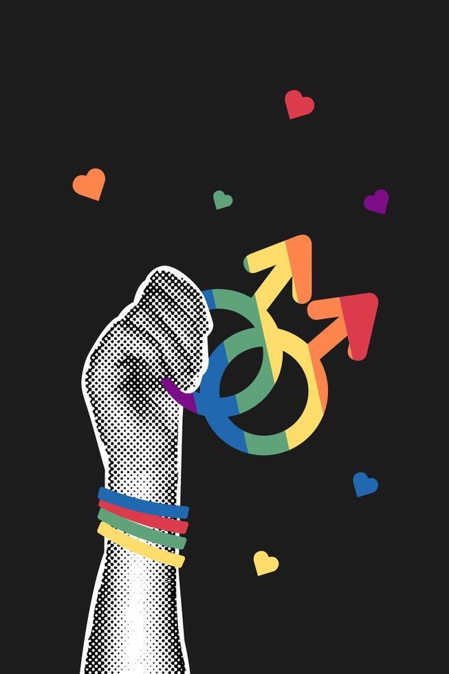 Trendy halftone collage on dark background. Hand holding LGBT emblem. Gender, diversity, unity concept. flat illustration for poster, postcard, banner, sticker. vector