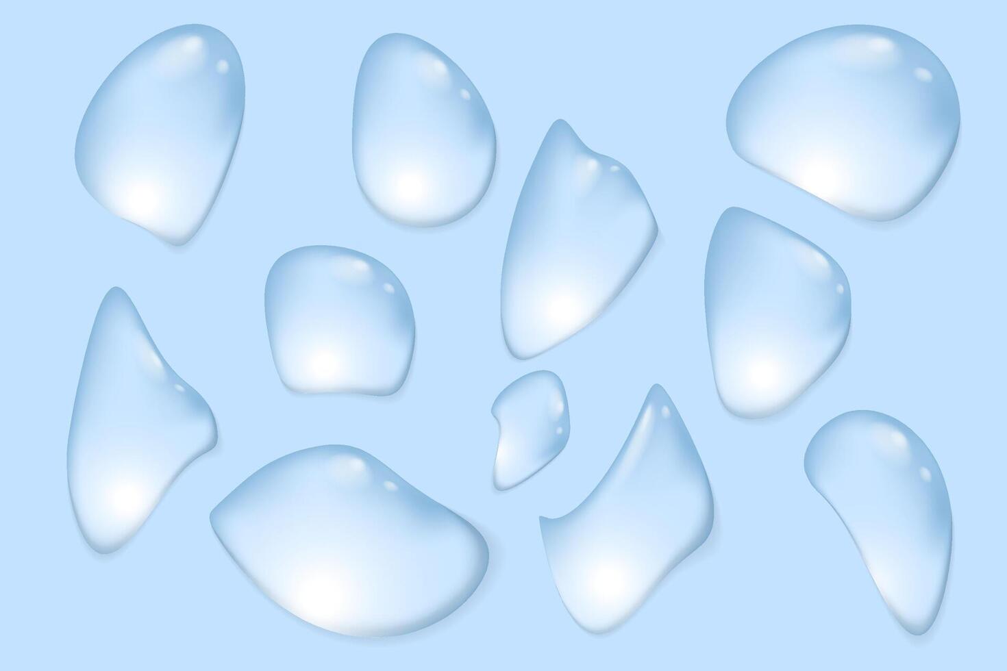 Set of transparent water drops with different shapes. illustration with water drops on blue background. illustration vector