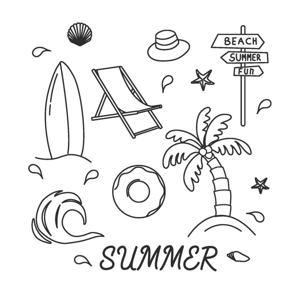 illustration of colorful funny doodles of summer characters.Collection of cartoon icons with one line. vector