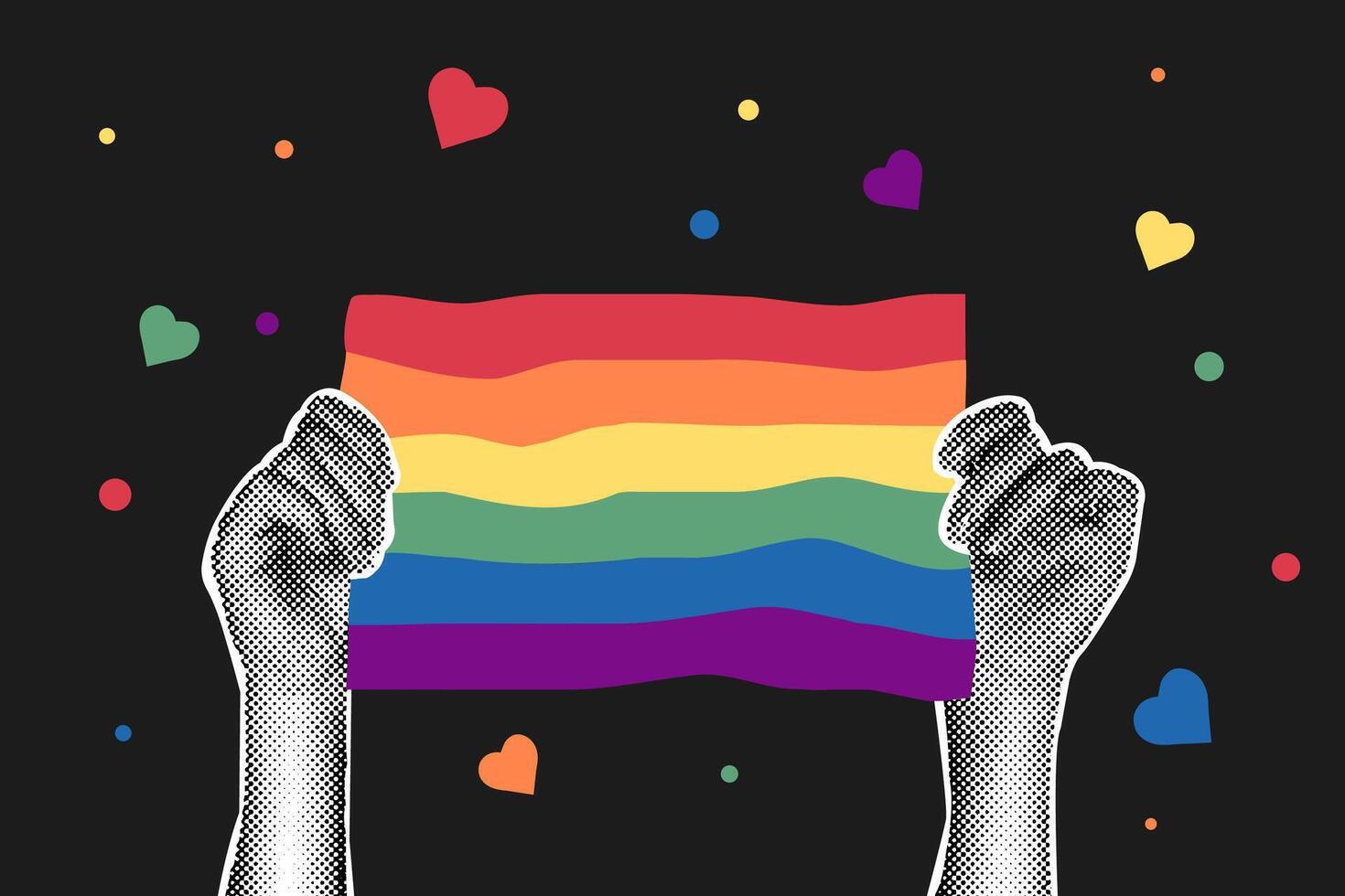 Trendy halftone collage on dark background.Hands holding LGBT emblems, in flag shape. Gender, diversity, unity concept. flat illustration for poster,postcard,banner,sticker. vector