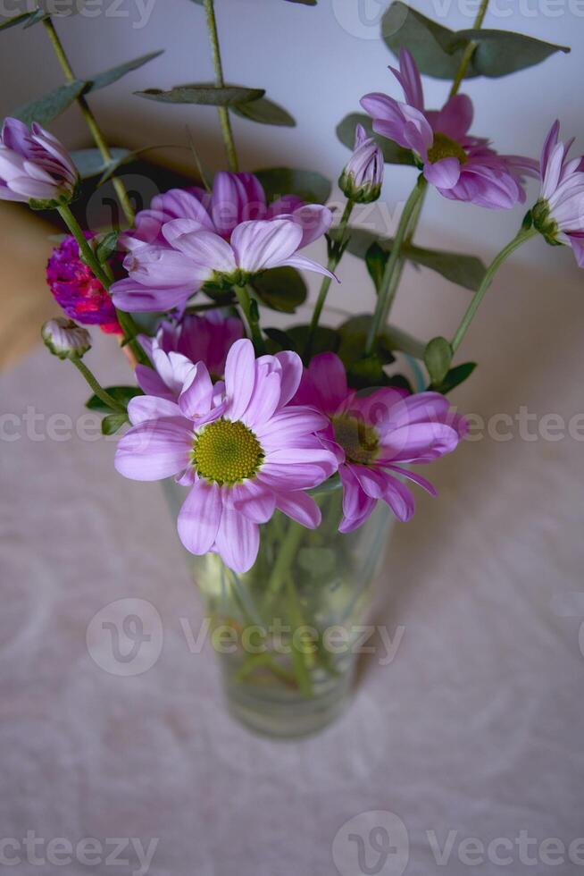 pink chrysanthemum and eucalyptus in a transparent glass on the table photo