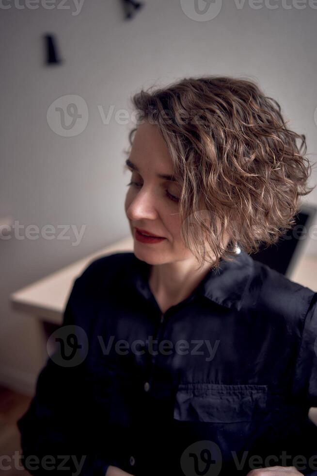 woman with laptop work in office photo