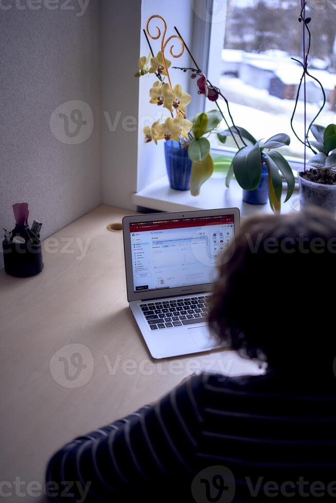 woman with laptop work in office photo