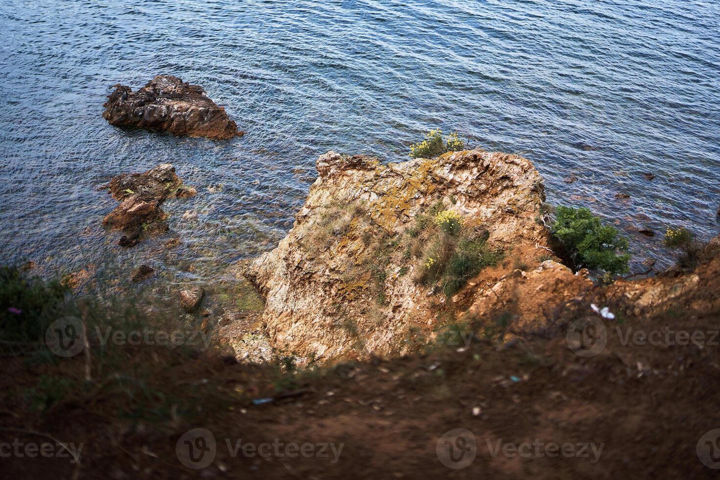 a rock in the Mediterranean Sea is covered with clay photo