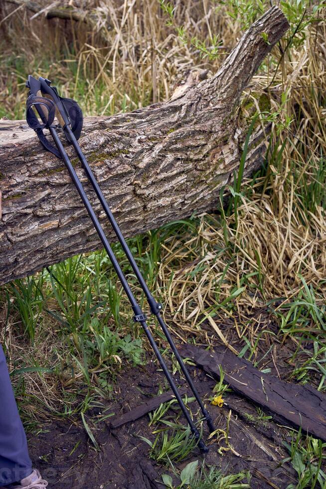 elderly woman rests on the river bank after Nordic walking exercise photo