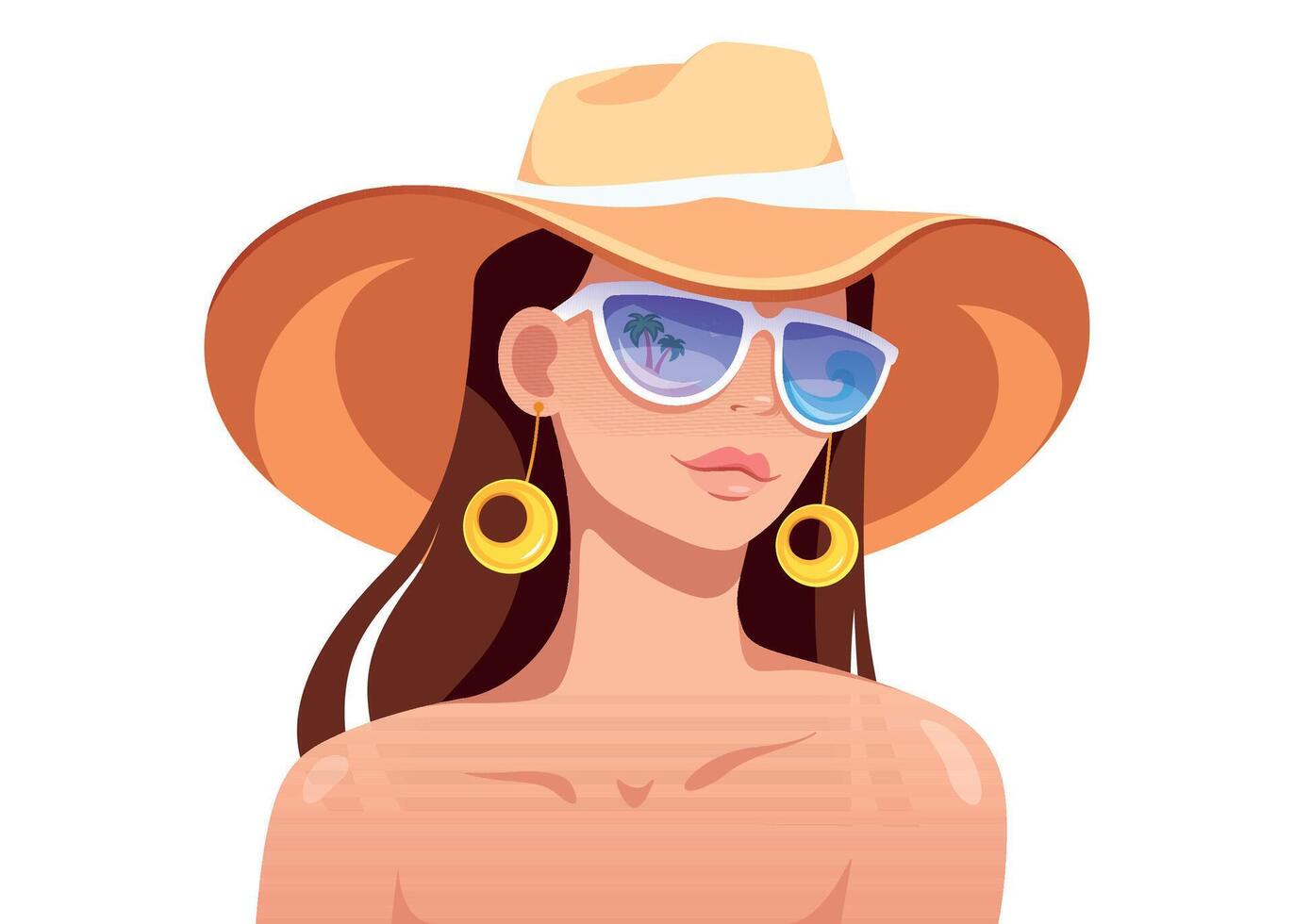 A girl in a beach hat and sunglasses. Reflection of the seascape. Summer vibe. Relax, travel, leisure concept illustration Simple illustration isolated on white background. Cartoon style. vector