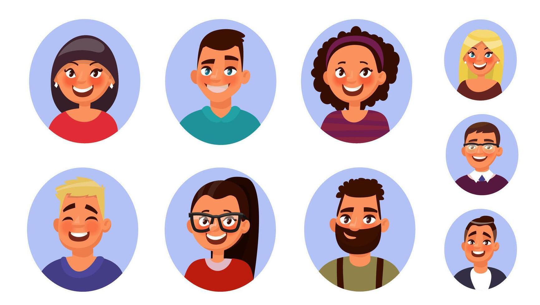 People avatar. Smiling human circle portrait, female and male person round avatars icon illustration collection. vector