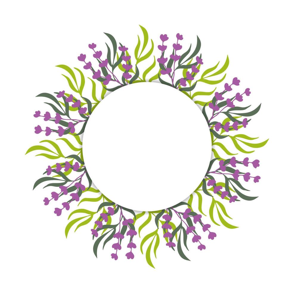 spring picture. Frame of colored berries, branches and leaves around a white circle. Greeting card. vector