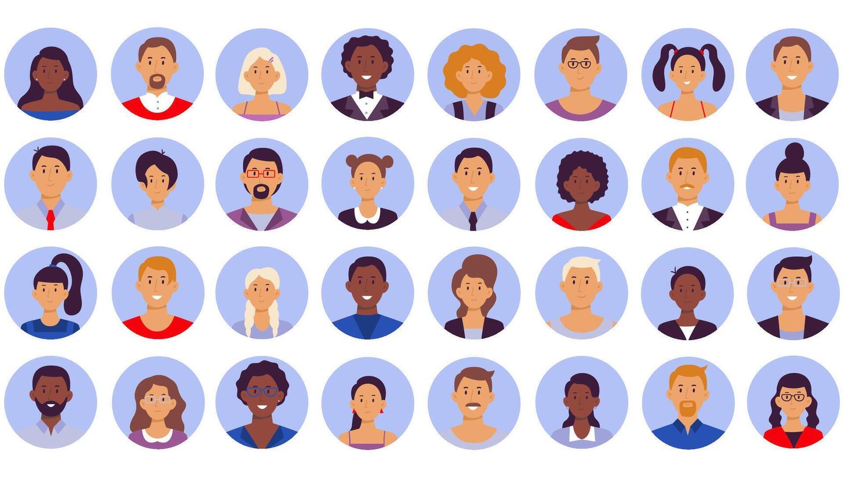 Smiling human circle portrait, female and male person round avatars icon illustration collection. People avatar vector