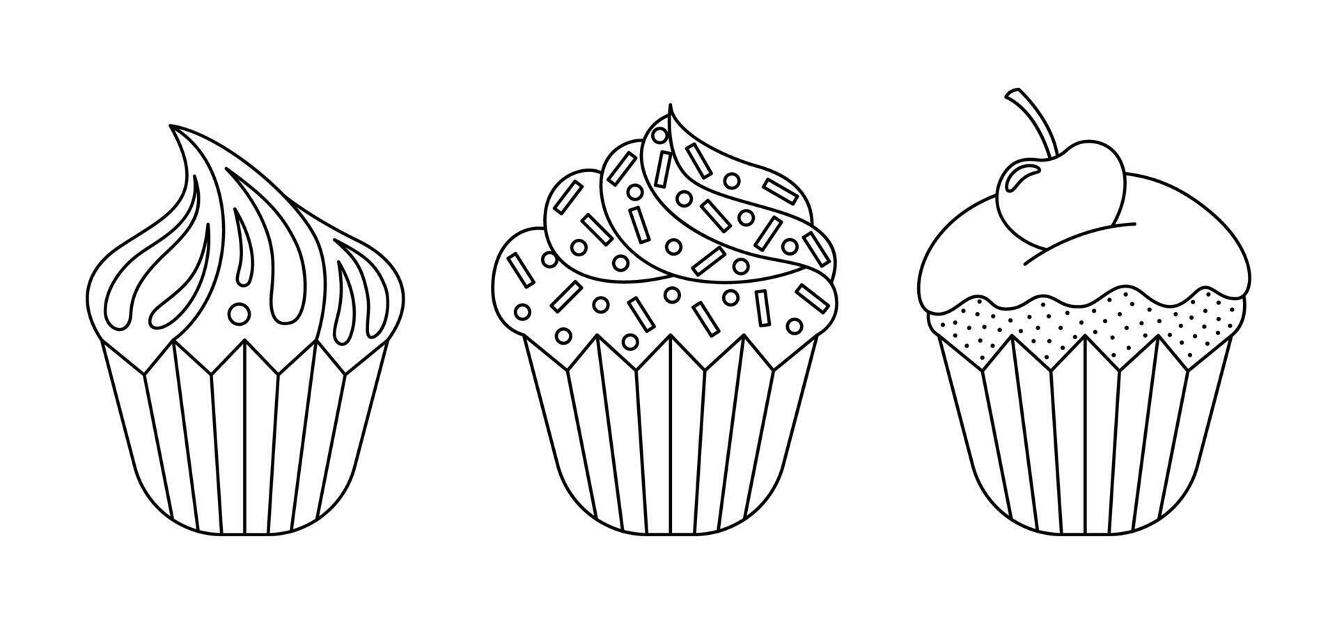 linear cupcake set. Three outline isolated sweet desserts with cherry, sprinkles and butter cream on white vector