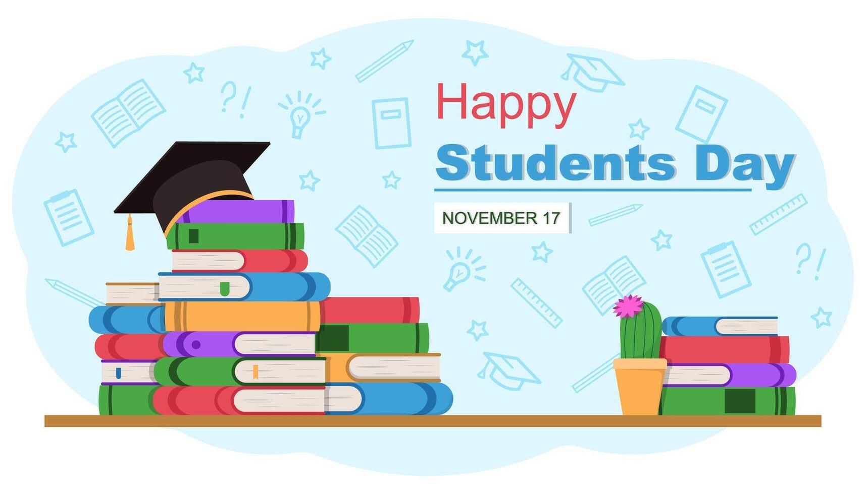 Happy Students Day banner. Stack of books isolated illustration. Academic and school knowledge symbols. Set of flat books variations with shadow vector