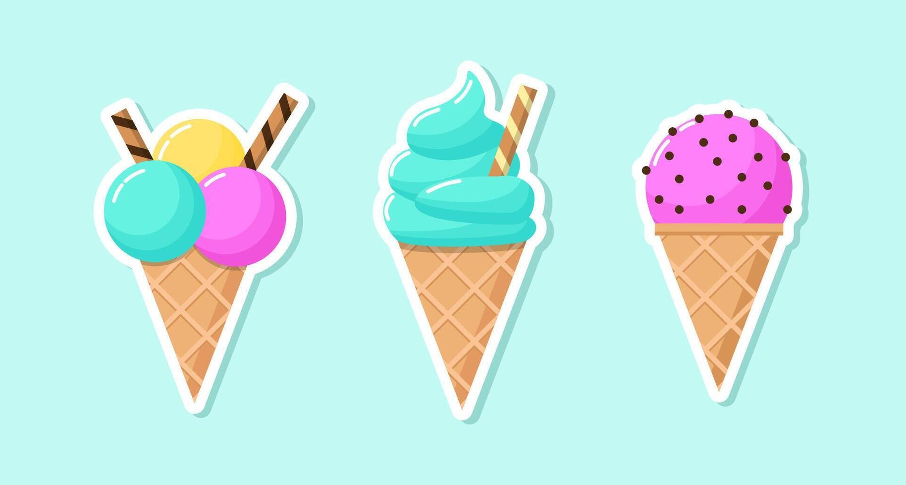 Ice cream sticker set on light background. Colorful cold dessert in cartoon style. Collection of sweet summer food in the waffle cone vector