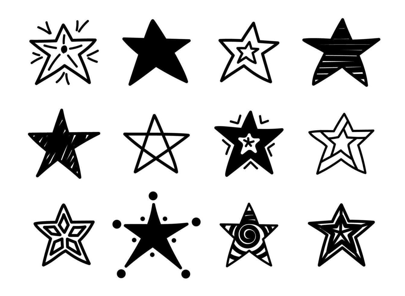 Hand drawn stars collection isolated on white background. Doodle variations of blask and white stars vector