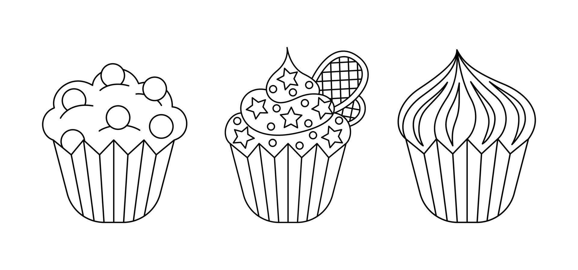 linear cupcake stickers set. Three isolated outline sweet dessert on white vector