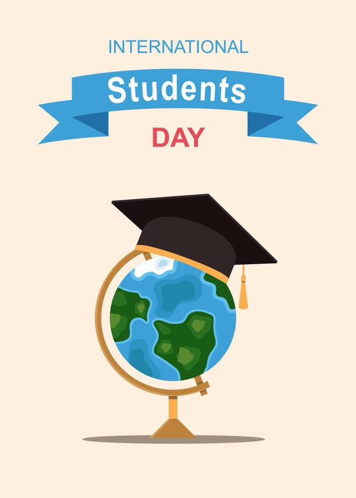 International Students Day banner. flat globe and square academic cap. Academic and school knowledge symbol students hat. Poster for November 17 celebration. Earth sphere. vector