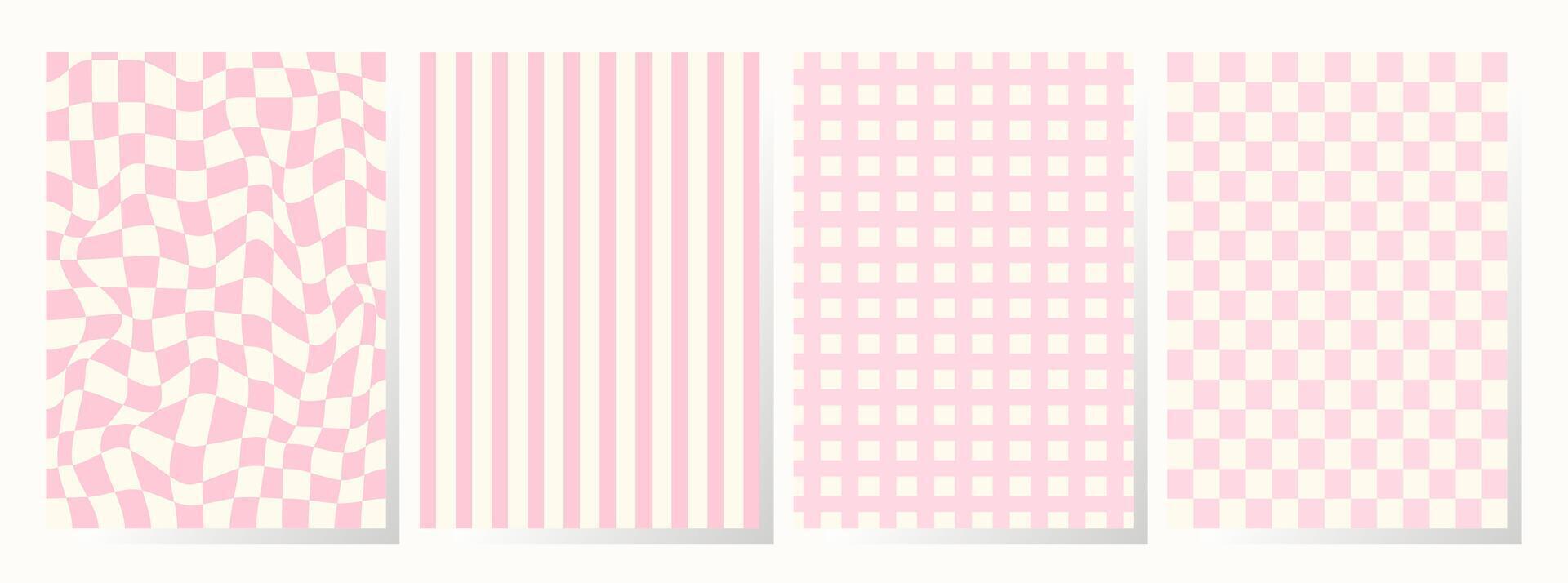 Set of retro backgrounds in pink colors. Collection groovy checkered pattern in trendy retro y2k style. Vintage aesthetic psychedelic checkerboard texture of the 60-70s. Funky hippie textile print vector