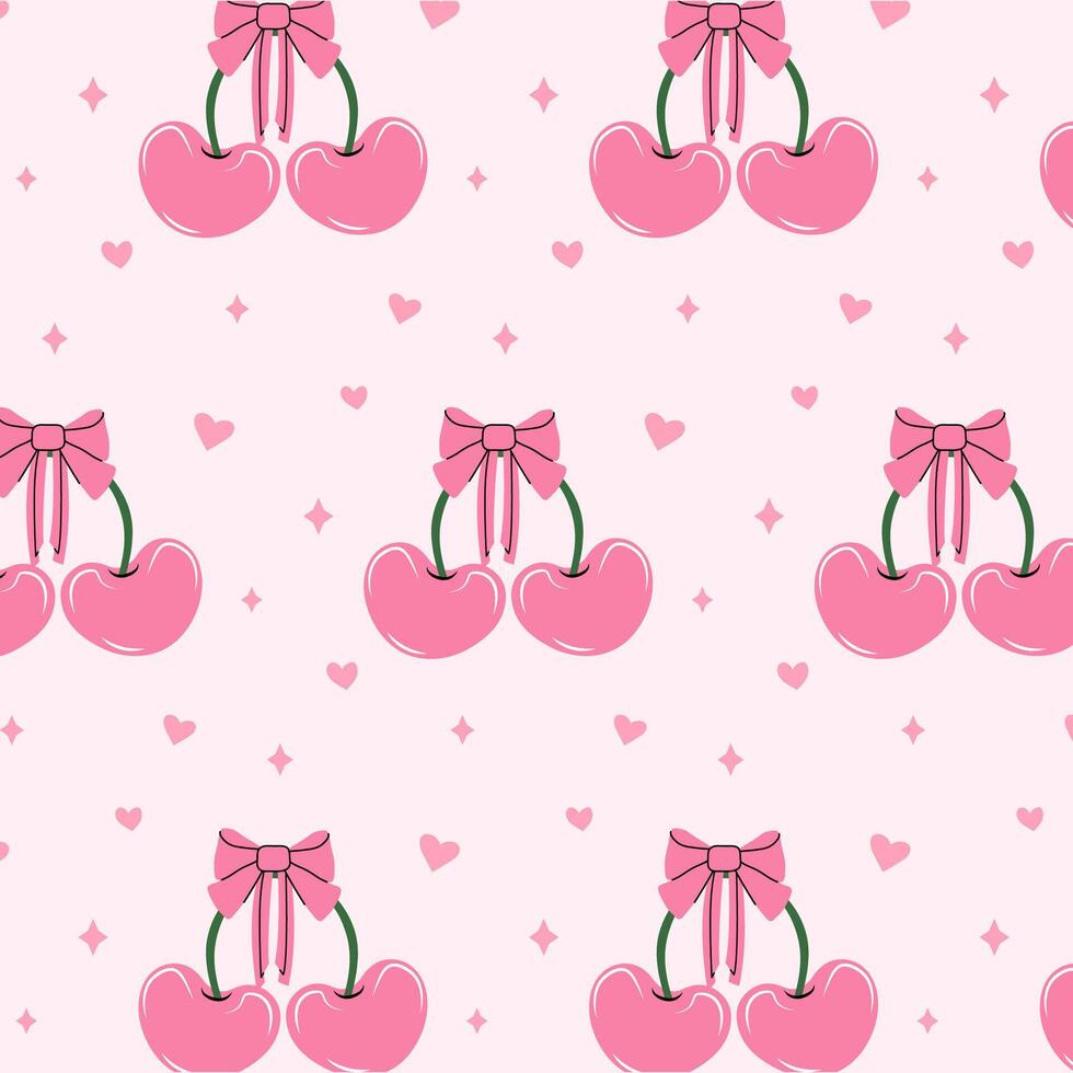 Seamless pattern of pink cherries and bows. Gift ribbons in hand drawn styles. Coquette core cute trendy design. Design for wrapping paper, packaging, background, fabric, textile, home decor, gifts vector
