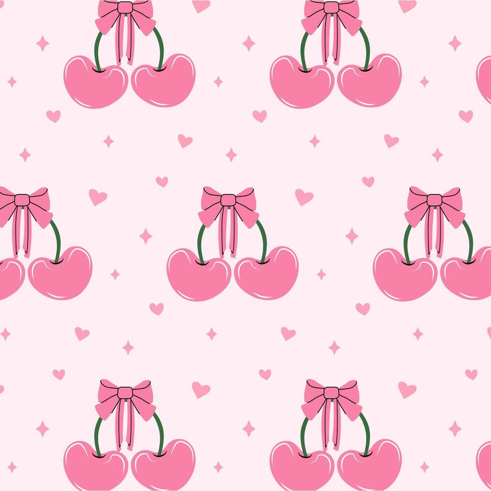 sin costura modelo de rosado cerezas y arcos regalo cintas en mano dibujado estilos. coqueta núcleo linda de moda diseño. diseño para envase papel, embalaje, fondo, tela, textil, hogar decoración, regalos vector