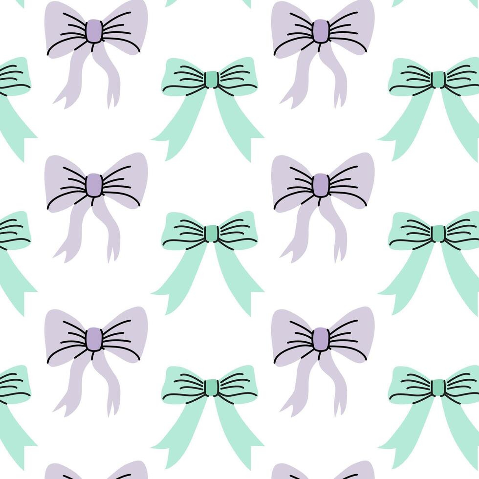 Seamless pattern with purple and mint bows. Gift ribbons in hand drawn and flat styles. Fashionable illustration. Hair girly accessory. Bows for gift wrapping. Coquette core cute design. vector