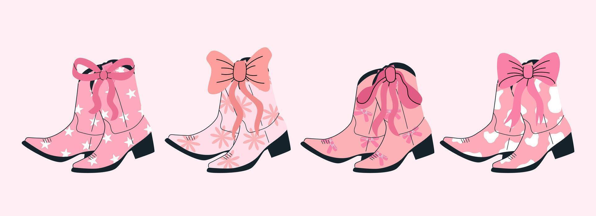 Set of pink trendy cowboy boots. Coquette cowgirl boot with bow. Girly western in flat style. Collection of retro elements. Cowboy Western and Wild West theme. vector